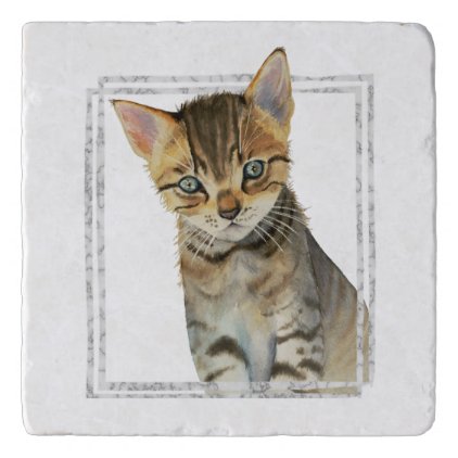 Tabby Kitten Painting with Faux Marble Frame Trivet