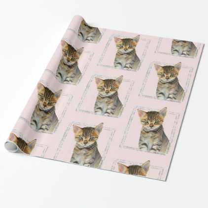 Tabby Kitten Painting with Faux Marble Frame Wrapping Paper