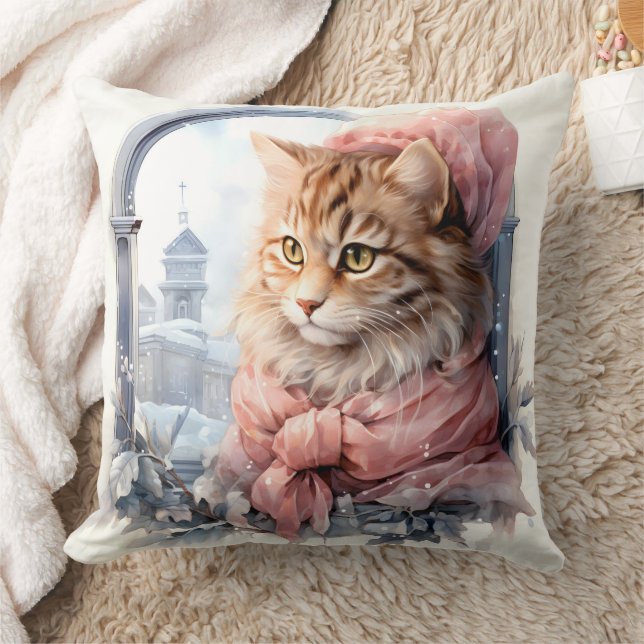 Tabby Kitten Pink Frilly Clothing Throw Pillow (Blanket)