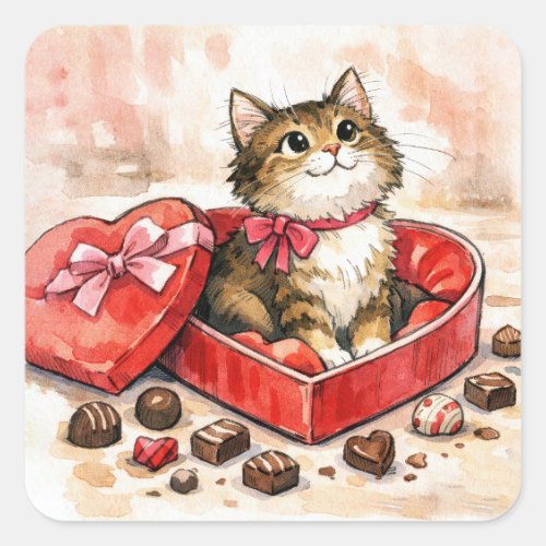 Tabby Kitten Sitting in a Candy Box Square Sticker