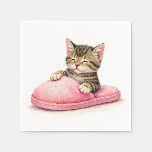 Tabby Kitten Sleeping in a Pink Slipper Napkins (Front)