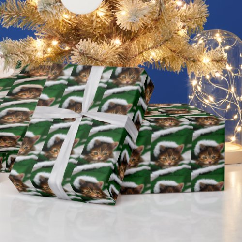 Tabby Kitten Wrapped in Green  White Blanket  Wrapping Paper