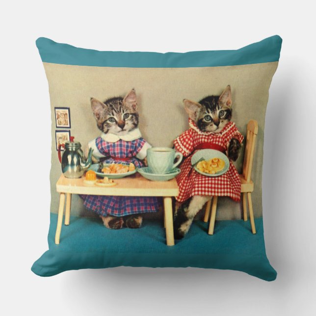 tabby kittens breakfast throw pillow (Front)