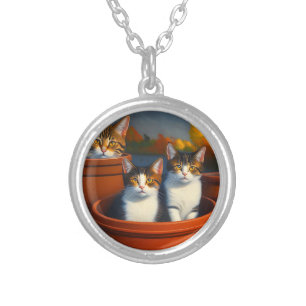 Tabby Kittens In Pots Oil Paint, Silver Plated Necklace