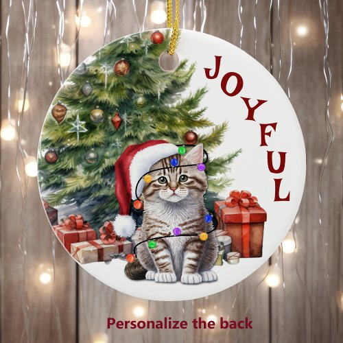 Tabby Kitty Cat in Christmas Lights for Grandchild Ceramic Ornament