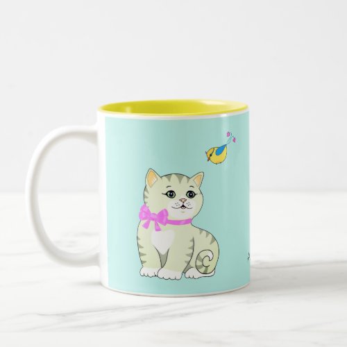 Tabby Kitty Cat  Little Bird on Light Blue  Two_Tone Coffee Mug