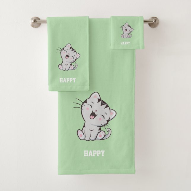 Tabby Kitty Cat & Name Text on Light Green Bath Towel Set (Insitu)