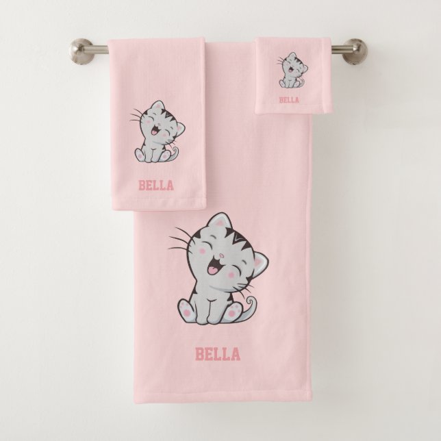 Tabby Kitty Cat & Name Text on Light Pink Bath Towel Set (Insitu)