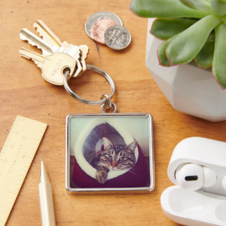 Tabby Kitty In Hut Close-Up Photograph Keychain