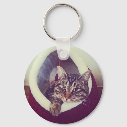 Tabby Kitty In Hut Close_Up Photograph Keychain