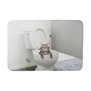 Tabby kitty in toilet bathroom mat
