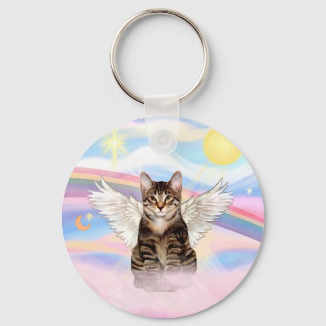 Tabby Tiger Cat Angel in Clouds Keychain (Front)