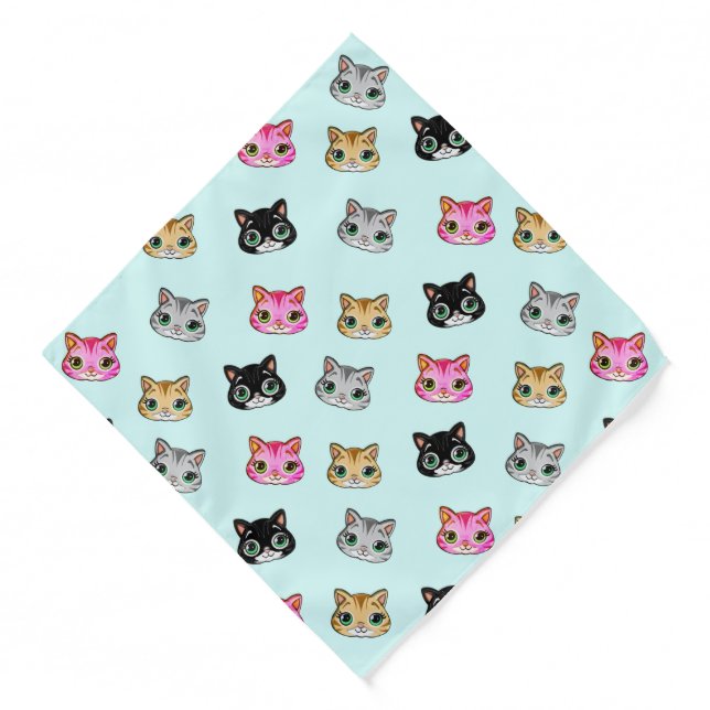 Tabby & Tuxedo Kitty Cat Pattern on Light Blue Bandana (Front)