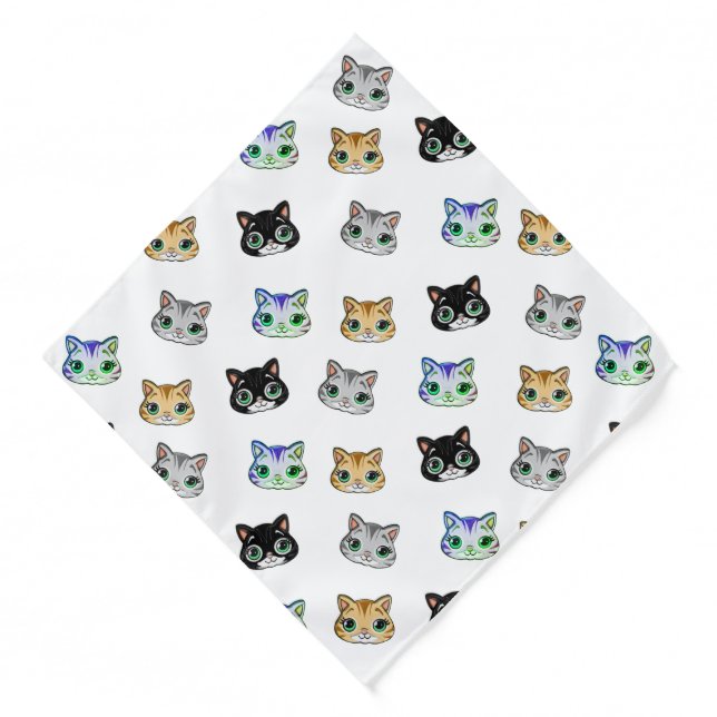 Tabby & Tuxedo Kitty Cat Pattern on White Bandana (Front)