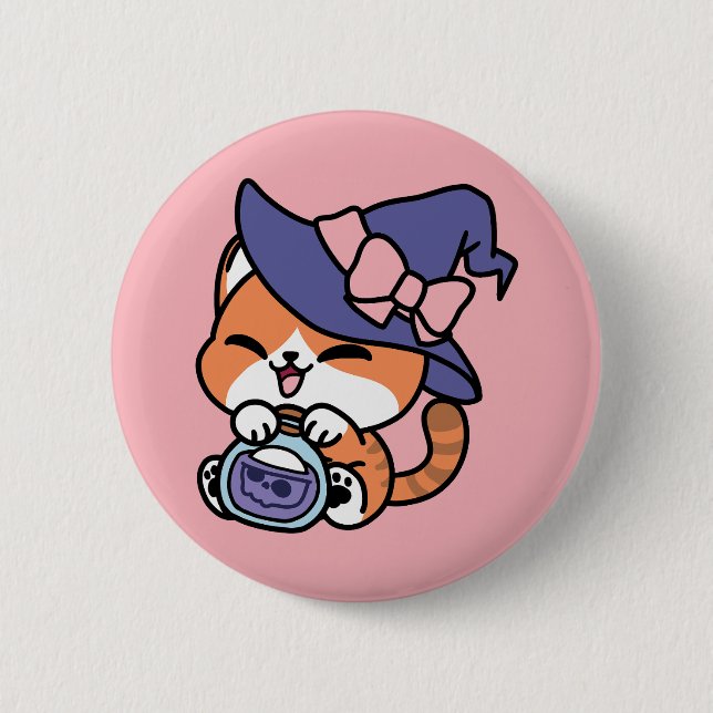 Tabby Witch Brew – Cute Halloween Cat Design Button (Front)