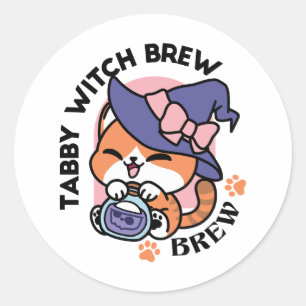 Tabby Witch Brew – Cute Halloween Cat Design Classic Round Sticker