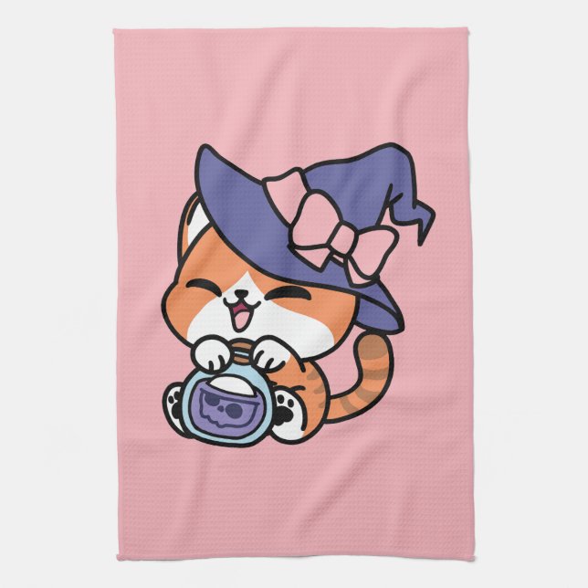 Tabby Witch Brew – Cute Halloween Cat Design Kitchen Towel (Vertical)