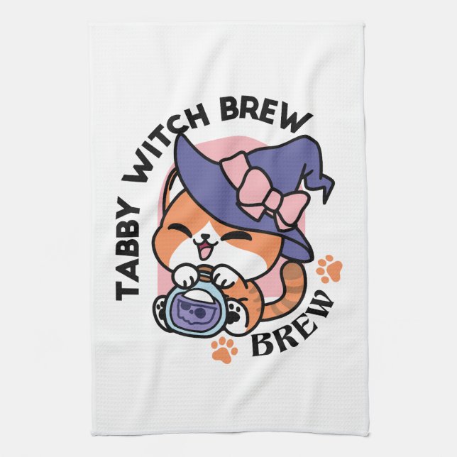 Tabby Witch Brew – Cute Halloween Cat Design Kitchen Towel (Vertical)