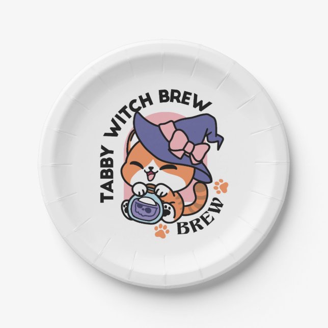 Tabby Witch Brew – Cute Halloween Cat Design Paper Plates (Front)