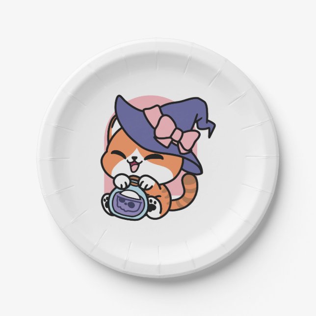 Tabby Witch Brew – Cute Halloween Cat Design Paper Plates (Front)