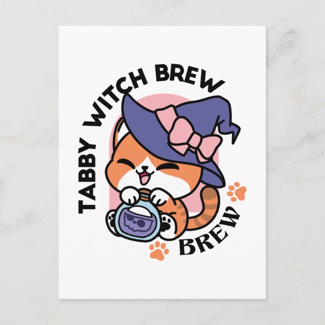 Tabby Witch Brew – Cute Halloween Cat Design Postcard (Front)