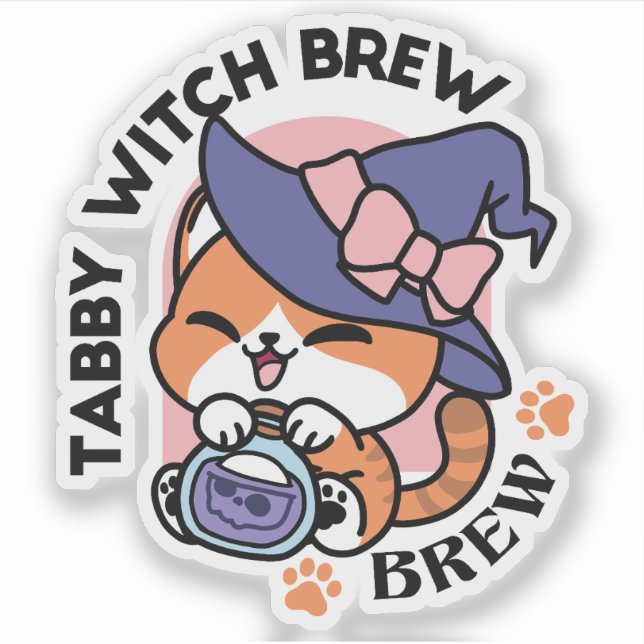 Tabby Witch Brew – Cute Halloween Cat Design Sticker (Front)