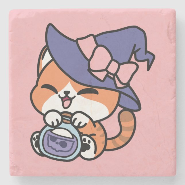 Tabby Witch Brew – Cute Halloween Cat Design Stone Coaster (Front)