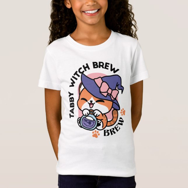 Tabby Witch Brew – Cute Halloween Cat Design T-Shirt (Front)