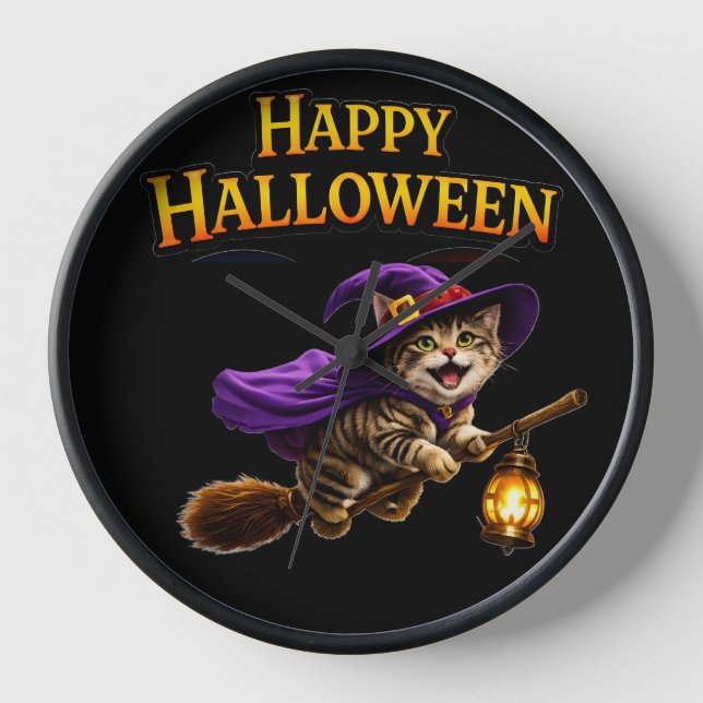 Tabby witch kitten happy Halloween whimsical wall  Clock (Front)