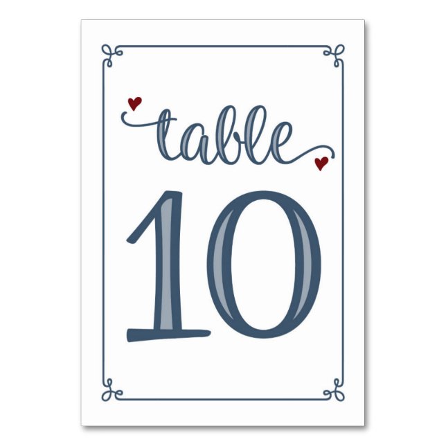 "Table 10" Dusty Blue & Dark Red Table Number (Front)