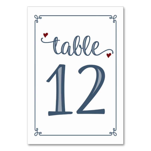 "Table 12" Dusty Blue & Dark Red Table Number (Front)