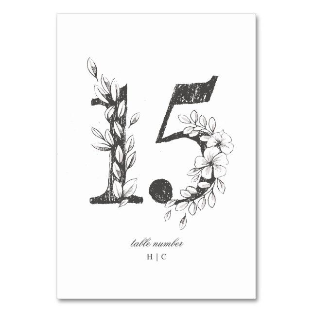 Table 15 Beautiful Floral Sketched Wreath Wedding Table Number (Front)