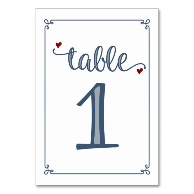 "Table 1" Dusty Blue & Dark Red Table Number (Front)