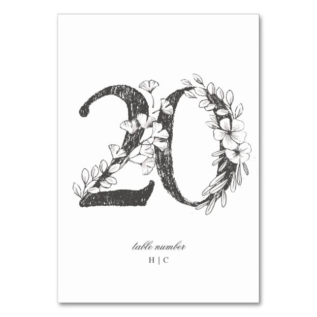 Table 20 Beautiful Floral Sketched Wreath Wedding Table Number (Front)