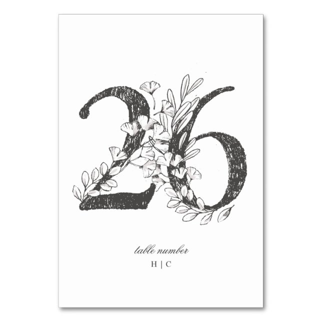 Table 26 Beautiful Floral Sketched Wreath Wedding Table Number (Front)