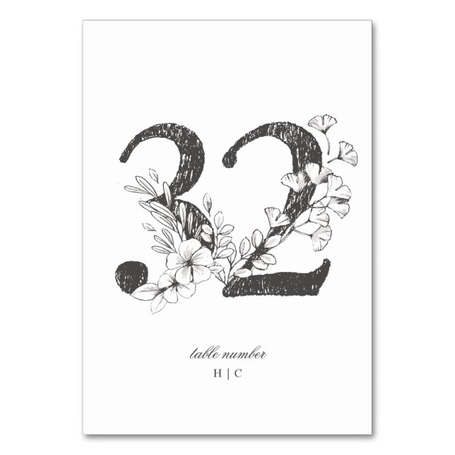 Table 32 Beautiful Floral Sketched Wreath Wedding Table Number (Front)