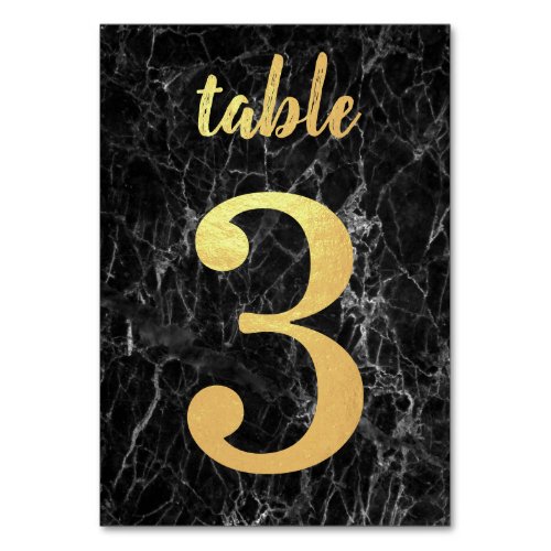 Table 3 Black Marble Simple Elegant Faux Gold Foil Table Number