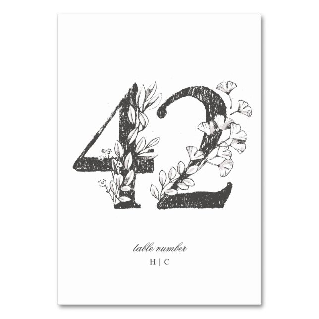 Table 42 Beautiful Floral Sketched Wreath Wedding Table Number (Front)