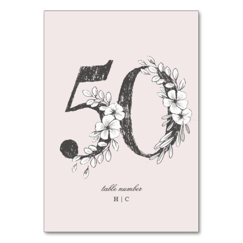 Table 50 Beautiful Blush Floral Sketched Wreath Table Number