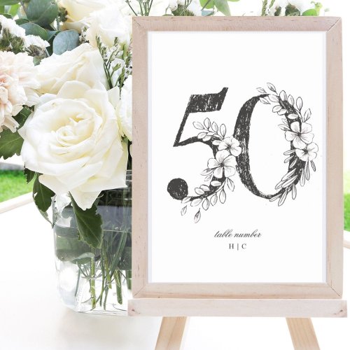 Table 50 Beautiful Floral Sketched Wreath Wedding Table Number