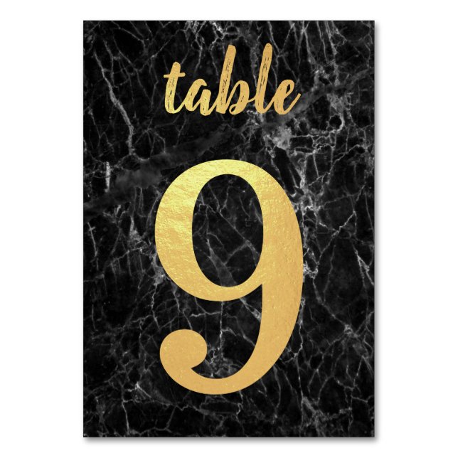 Table 9 Elegant Black Marble Faux Gold Foil Simple Table Number (Front)
