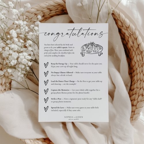 Table Captain Wedding Game Card