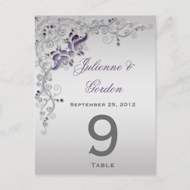 Table Cards Ornate Purple Silver Floral Swirls (Front)