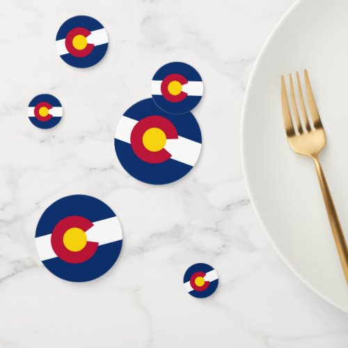 Table confetti with flag of Colorado USA