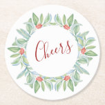 Table Decor Christmas  Round Paper Coaster<br><div class="desc">Add a festive touch to your table decor Christmas setup with these charming round paper coasters, perfect for Christmas gatherings or Christmas in July 2025 celebrations. Featuring a replica of my original watercolor artwork, the design showcases delicate greenery, leaves and red berries encircling the word “Cheers” in simple typography for...</div>