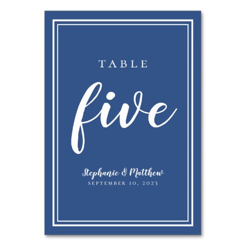 Table Five  Classic Blue Simple Wedding Modern  Table Number
