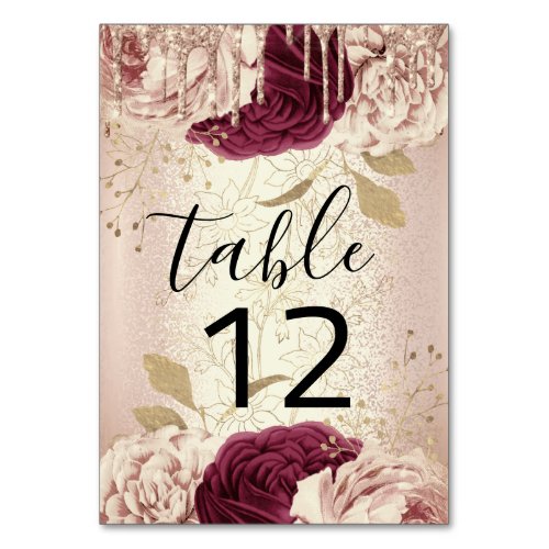 Table Number 12 Drips Floral Rose Marsala Burgundy