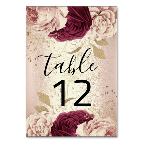 Table Number 12 Florals Rose Gold Marsala Burgundy