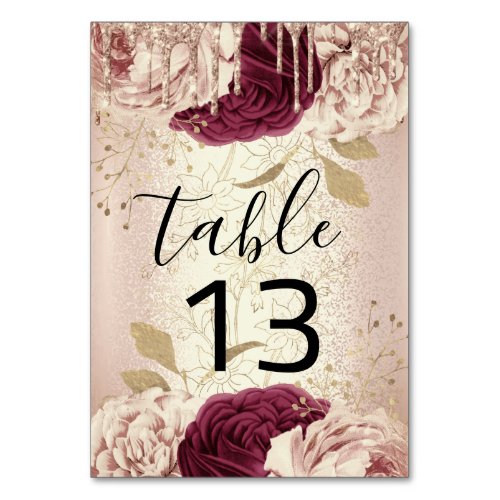 Table Number 13 Drips Floral Rose Marsala Burgundy