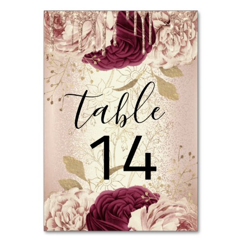 Table Number 14 Drips Floral Rose Marsala Burgundy